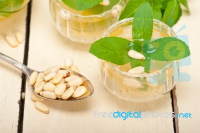 Arab Traditional Mint And Pine Nuts Tea Stock Photo