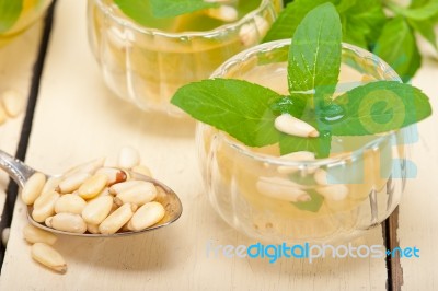 Arab Traditional Mint And Pine Nuts Tea Stock Photo