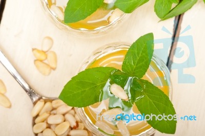 Arab Traditional Mint And Pine Nuts Tea Stock Photo