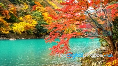 Arashiyama In Autumn Season Along The River In Kyoto, Japan Stock Photo