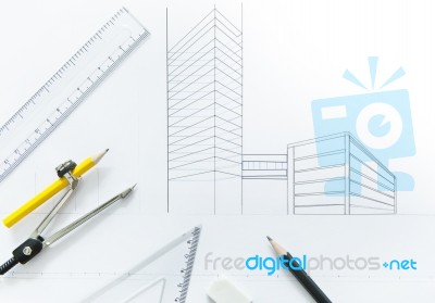 Architect Stationary Tool On Working Paper Stock Photo