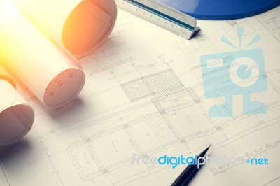 Architectural Plans Project Drawing With Blueprints Rolls Stock Photo