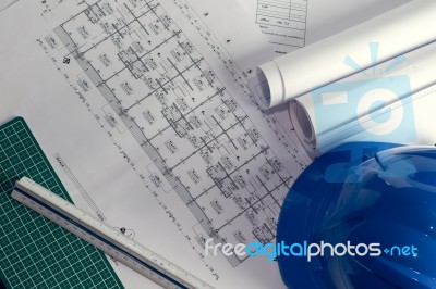 Architectural Plans Project Drawing With Blueprints Rolls Stock Photo