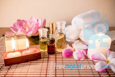 Aromatherapy Essential Oil, Natural Soap And Lilac Flower Stock Photo