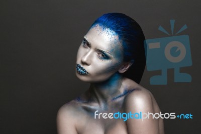 Art Makeup With Blue Hair And Rhinestones Stock Photo