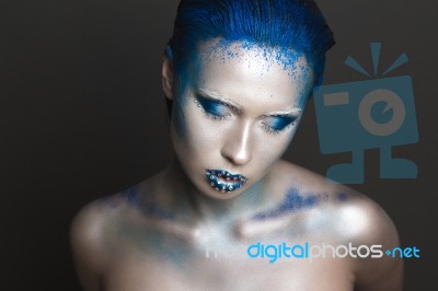 Art Makeup With Blue Hair And Rhinestones Stock Photo