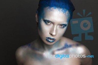 Art Makeup With Blue Hair And Rhinestones Stock Photo