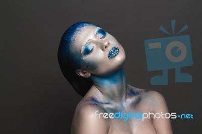 Art Makeup With Blue Hair And Rhinestones Stock Photo