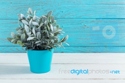 Artificial Plant With Wood Wall Background Stock Photo