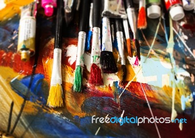 Artist Paint Brush On Painting Background  Stock Photo