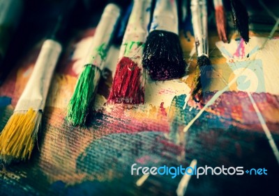 Artist Paint Brush On Painting Background  Stock Photo