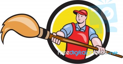 Artist Painter Holding Paintbrush Circle Cartoon Stock Image