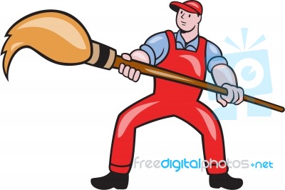 Artist Painter Standing Giant Paintbrush Cartoon Stock Image