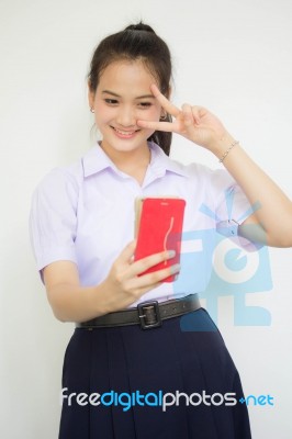 Asia Thai High School Student Uniform Beautiful Girl Read A Book… Stock Photo