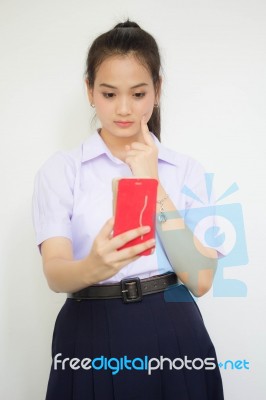 Asia Thai High School Student Uniform Beautiful Girl Read A Book… Stock Photo