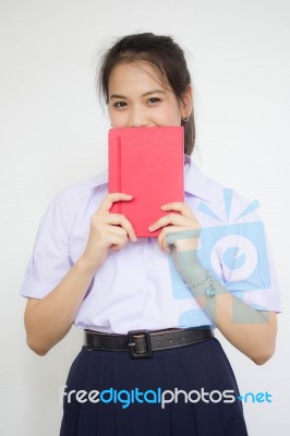 Asia Thai High School Student Uniform Beautiful Girl Read A Book… Stock Photo