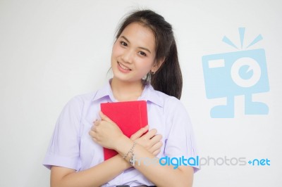 Asia Thai High School Student Uniform Beautiful Girl Read A Book… Stock Photo