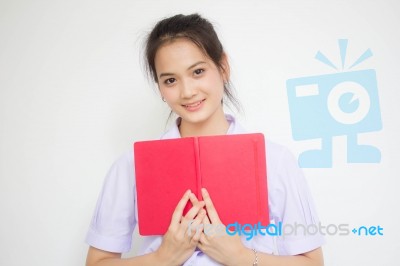 Asia Thai High School Student Uniform Beautiful Girl Read A Book… Stock Photo