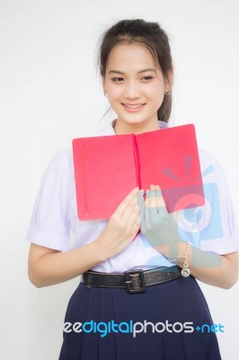 Asia Thai High School Student Uniform Beautiful Girl Read A Book… Stock Photo