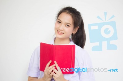 Asia Thai High School Student Uniform Beautiful Girl Read A Book… Stock Photo