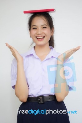 Asia Thai High School Student Uniform Beautiful Girl Read A Book… Stock Photo