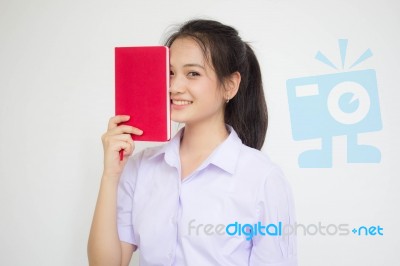 Asia Thai High School Student Uniform Beautiful Girl Read A Book… Stock Photo