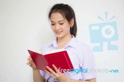 Asia Thai High School Student Uniform Beautiful Girl Read A Book… Stock Photo