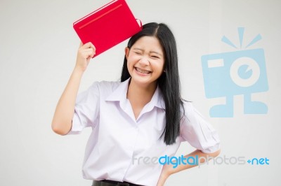 Asia Thai High School Student Uniform Beautiful Girl Read A Book… Stock Photo