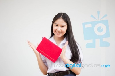 Asia Thai High School Student Uniform Beautiful Girl Read A Book… Stock Photo