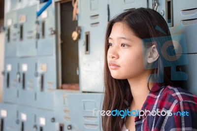 Asia Thai Teenager Women Scotch T-shirt Relax And Smile Stock Photo