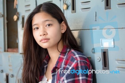 Asia Thai Teenager Women Scotch T-shirt Relax And Smile Stock Photo