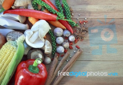 Asia Vegetable Food And Herb Spice On Wood Table Stock Photo