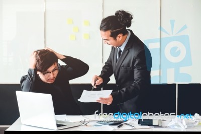 Asian Bad Angry Boss Yelling At Business Man Sad Depressed Emplo… Stock Photo