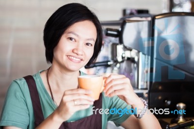 Asian Barista Enjoy Her Coffee Stock Photo