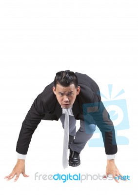 Asian Business Man Acting Like Runner Athlete In Start Patform Isolated White Background Use For Speed ,competition Abstract Meaning Stock Photo