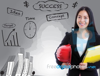 Asian Business Woman Has Many Ideas On Business Background Stock Photo