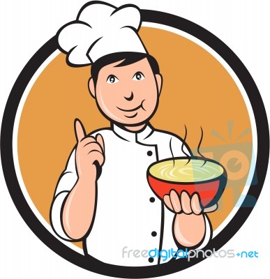 Asian Chef Noodle Bowl Circle Cartoon Stock Image