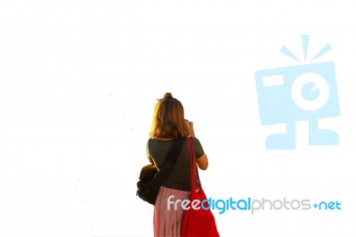 Asian Female Tourist With Backpack Bag Taking Photo Isolated Wh Stock Photo