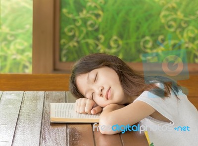 Asian Gir Sleeping While Learning Stock Photo