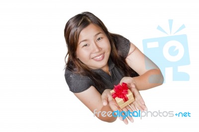 Asian Girl And Gift  Isolated On White Background Stock Photo