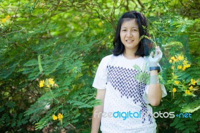 Asian Girl And Yellow Flower Stock Photo