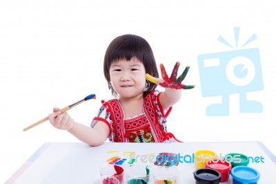 Asian Girl Paint Her Hand, Creativity Concept. Isolated On White… Stock Photo