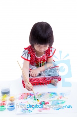 Asian Girl Painting And Using Drawing Instruments, Creativity Learning Education Concept Stock Photo