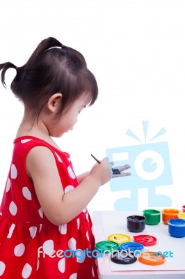 Asian Girl Painting Her Palms Using Drawing Instruments, Creativ… Stock Photo