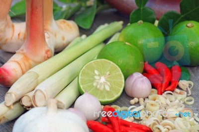 Asian Hot And Spicy Food Ingredient On Wood Stock Photo