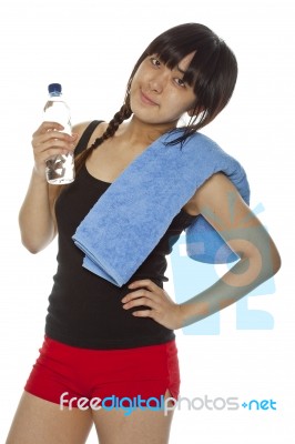 Asian Lady Holding Water Bottle Stock Photo