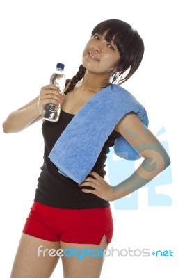 Asian Lady Holding Water Bottle Stock Photo