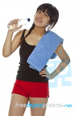 Asian Lady Holding Water Bottle Stock Photo