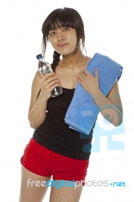 Asian Lady Holding Water Bottle Stock Photo