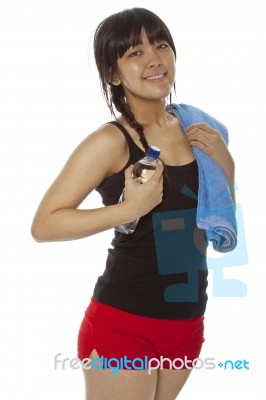 Asian Lady Holding Water Bottle Stock Photo